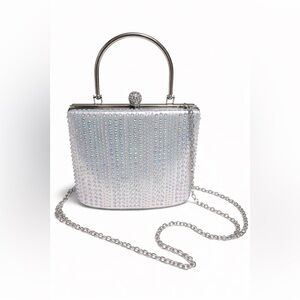 Silver Rhinestone Evening Clutch with Detachable Crossbody Chain Strap